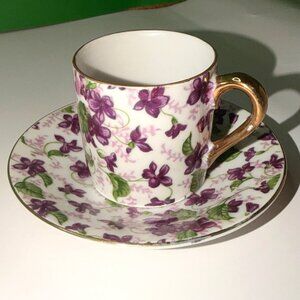 Violet Chintz Demitasse Tea Cup Saucer Set 10027 Japan Gold Handle Mid Century
